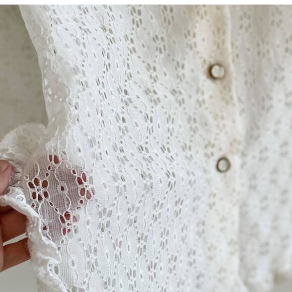 Vintage 70s Daisy lace ruffle off white wide collar button down blouse size M - Picture 5 of 11